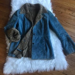 Vintage Guess Blue Suede fall coat with brown fur inside